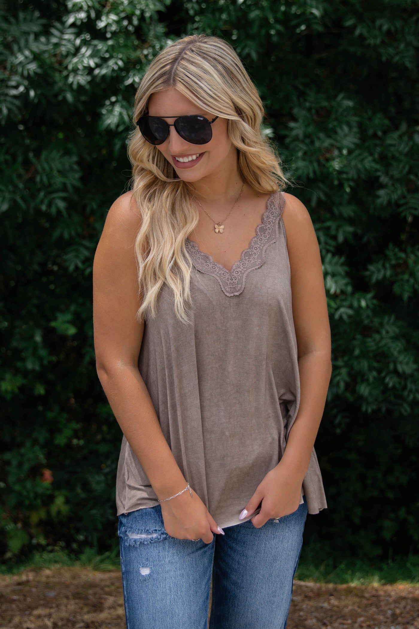 Brown Lace Tank Top- Women's Lacey Tank- Acid Wash Tank Top