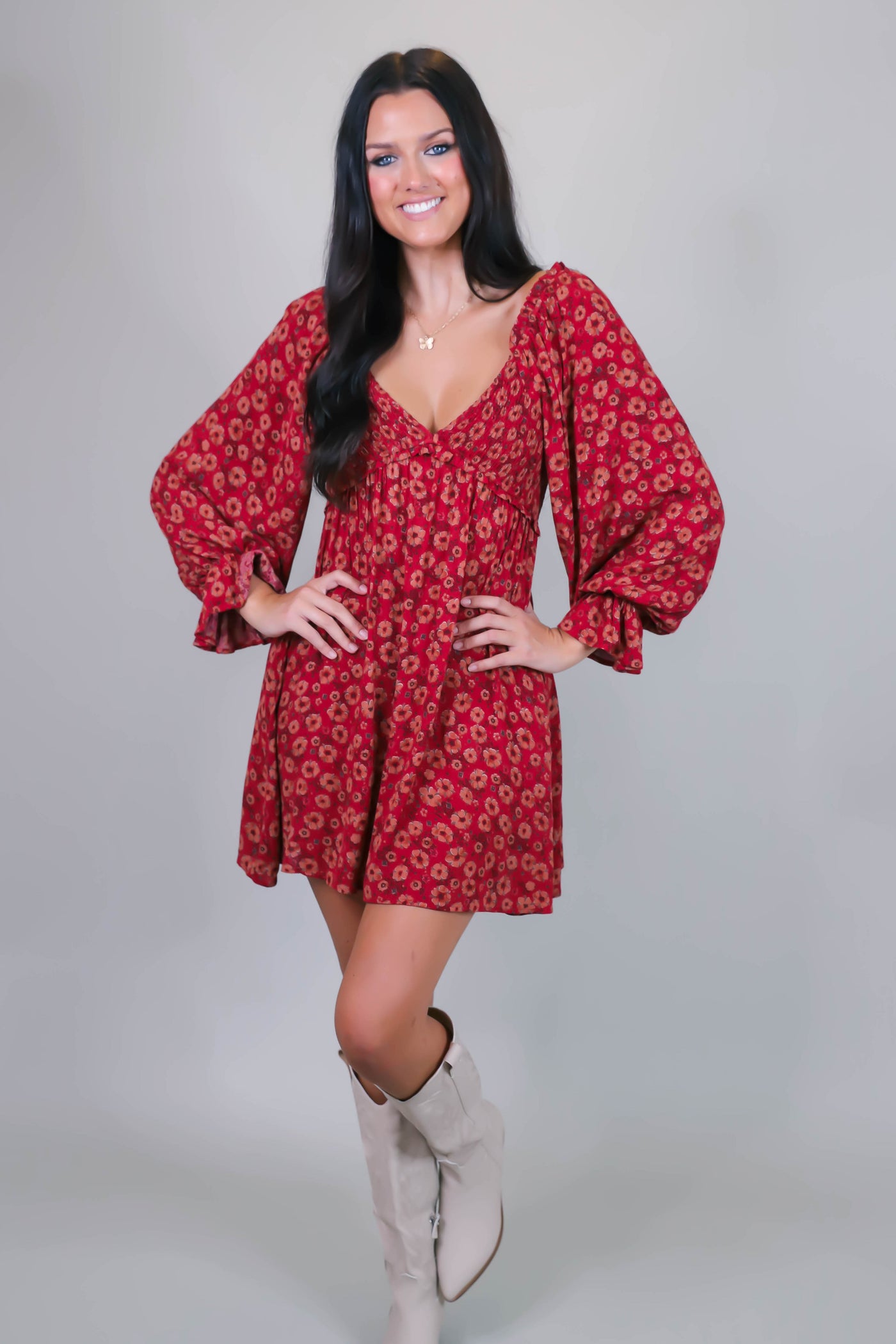 Floral Print Dress- Red Dress- Sweetheart Neckline Dress- Boho Style Dress