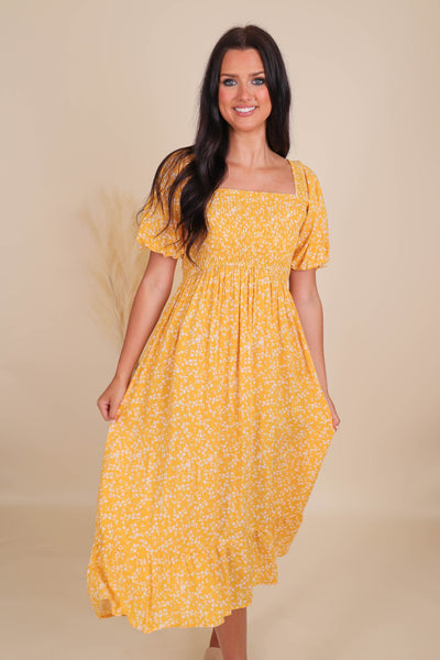 Ready To Flourish Midi Dress-Golden