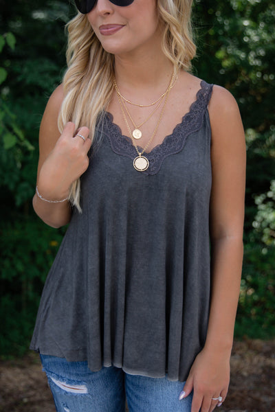 Charcoal Lace Tank Top- Women's Lacey Tank- Acid Wash Tank Top
