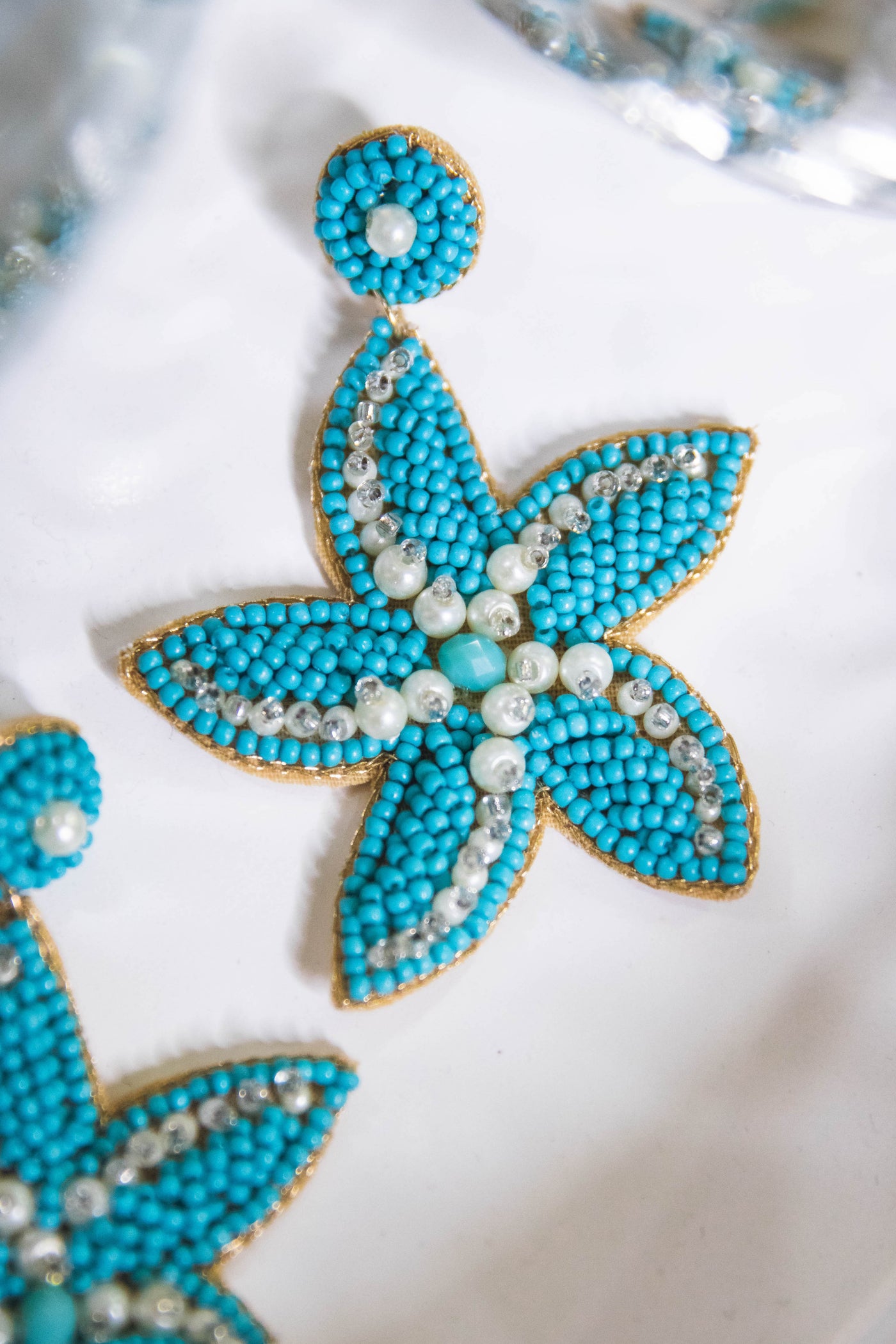 Beaded Starfish Earrings- Turquoise and Pearl Earrings- Vacation Statement Earrings