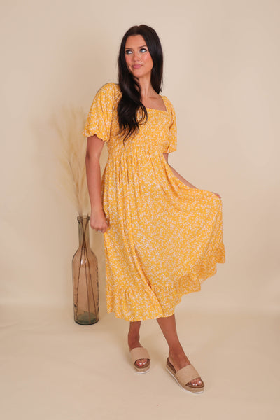 Ready To Flourish Midi Dress-Golden