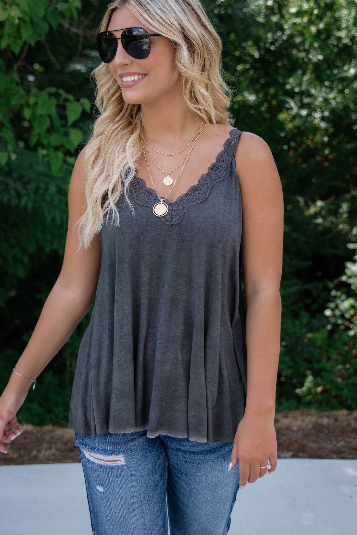 Charcoal Lace Tank Top- Women's Lacey Tank- Acid Wash Tank Top