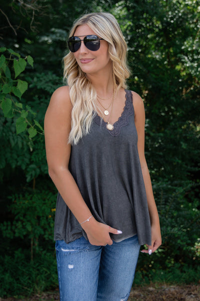 Charcoal Lace Tank Top- Women's Lacey Tank- Acid Wash Tank Top