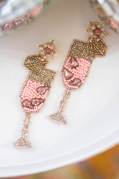 Pink Champagne Beaded Earrings- Fun Champagne Earrings- Pink and Gold Statement Earrings