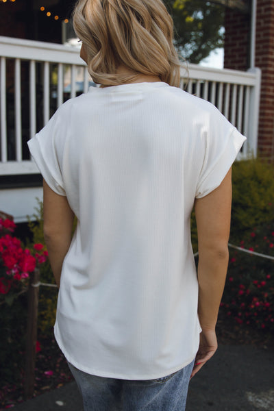 Women's Ribbed Top - Comfy Basic White Top - V-Neck Women's Top