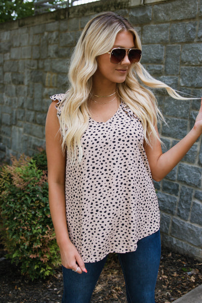 Tan Leopard Print Top- Tan Ruffle Shoulder Top- $30