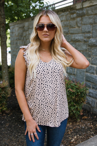 Tan Leopard Print Top- Tan Ruffle Shoulder Top- $30