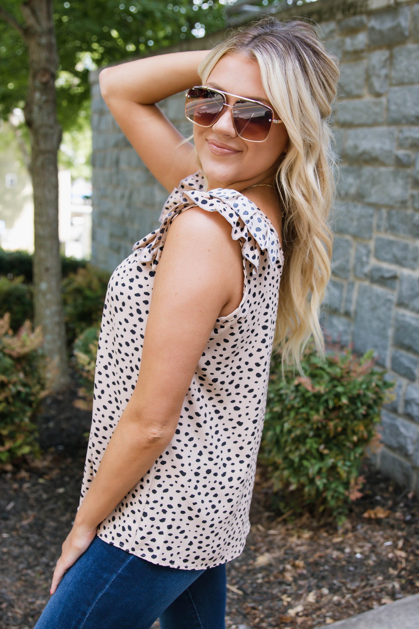 Tan Leopard Print Top- Tan Ruffle Shoulder Top- $30