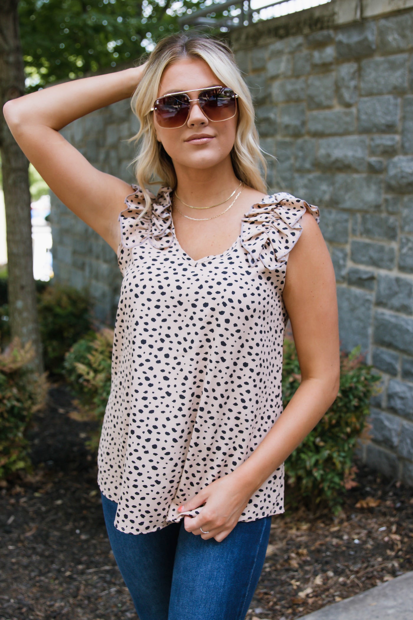 Tan Leopard Print Top- Tan Ruffle Shoulder Top- $30