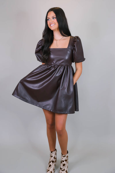 Brown Faux Leather Dress- Babydoll Leather Dress- Puff Sleeve Women's Dress