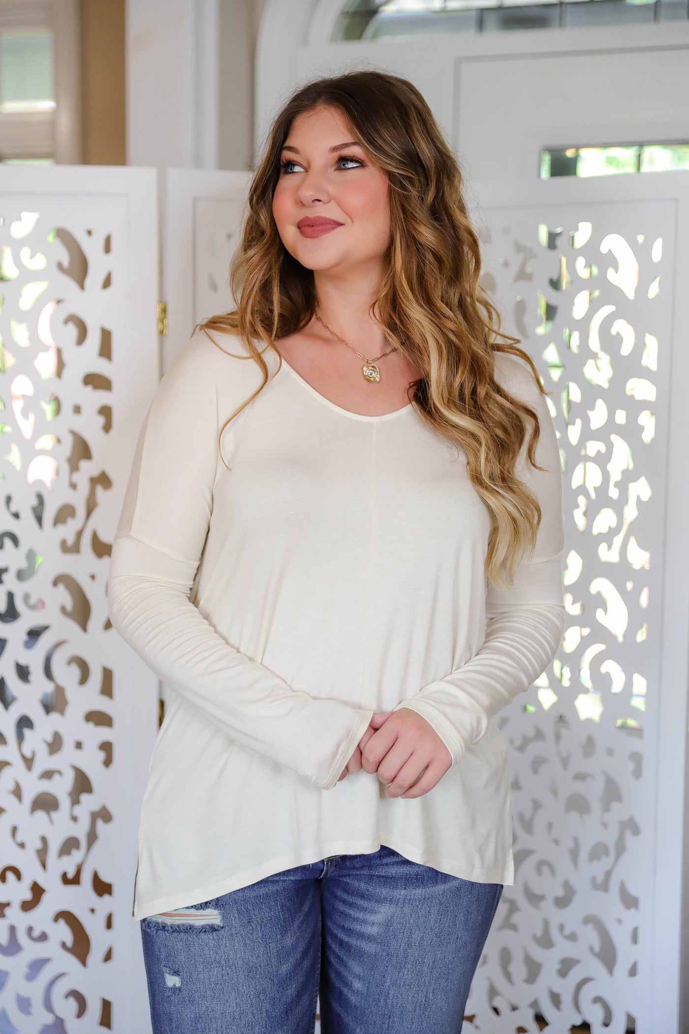 Women's Basic Long Sleeve- Women's Soft Ivory Top- Women's Layering Tops