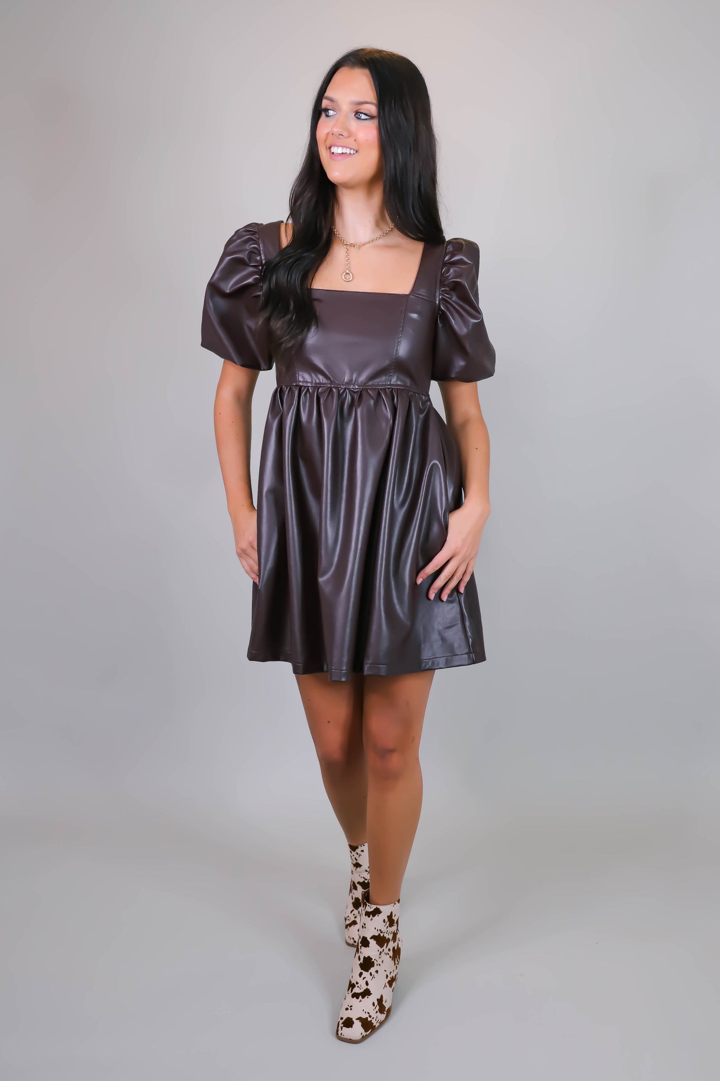Brown Faux Leather Dress- Babydoll Leather Dress- Puff Sleeve Women's Dress