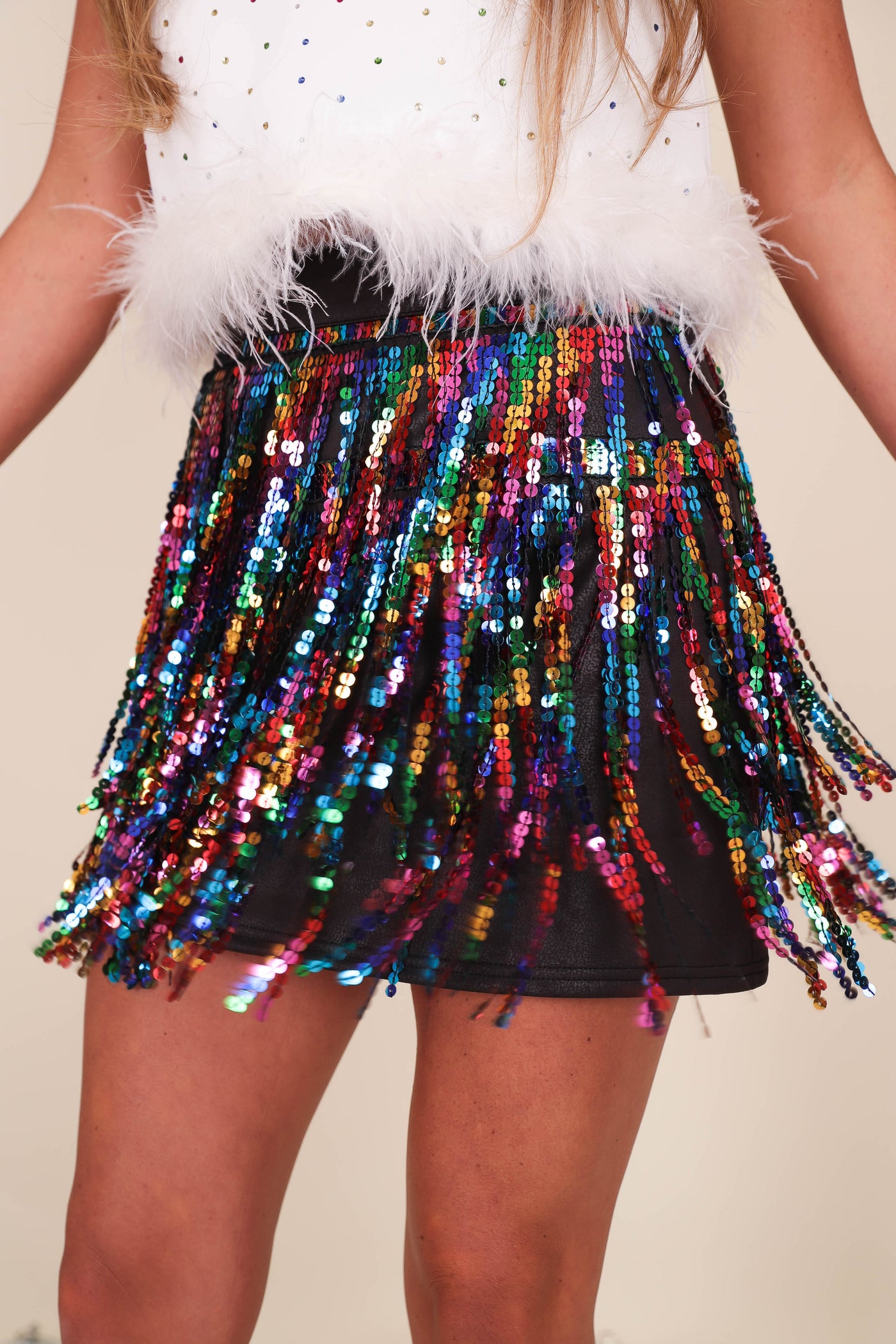 Women's Mini Skirt- Women's Sequin Fringe Skirt- Women's Sequin Rainbow Skirt