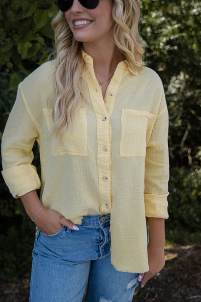 Women's Yellow Button Down- Cotton Button Down Top- Casual Top With Pockets