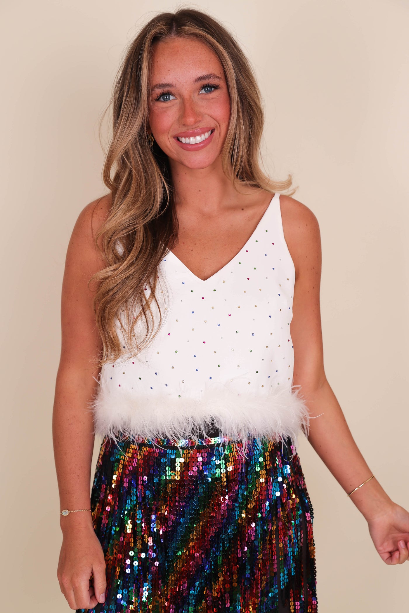 Women's Sequin Feather Tank- Women's Cropped Rhinestone Top- Women's Feather and Rhinestone Tank