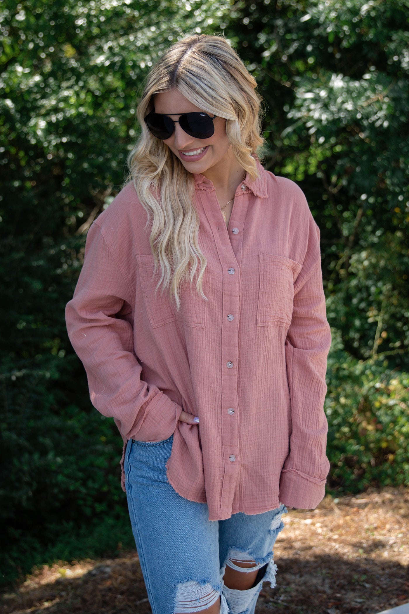 Women's Salmon Button Down- Cotton Button Down Top- Casual Top With Pockets