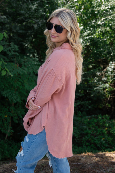 Women's Salmon Button Down- Cotton Button Down Top- Casual Top With Pockets