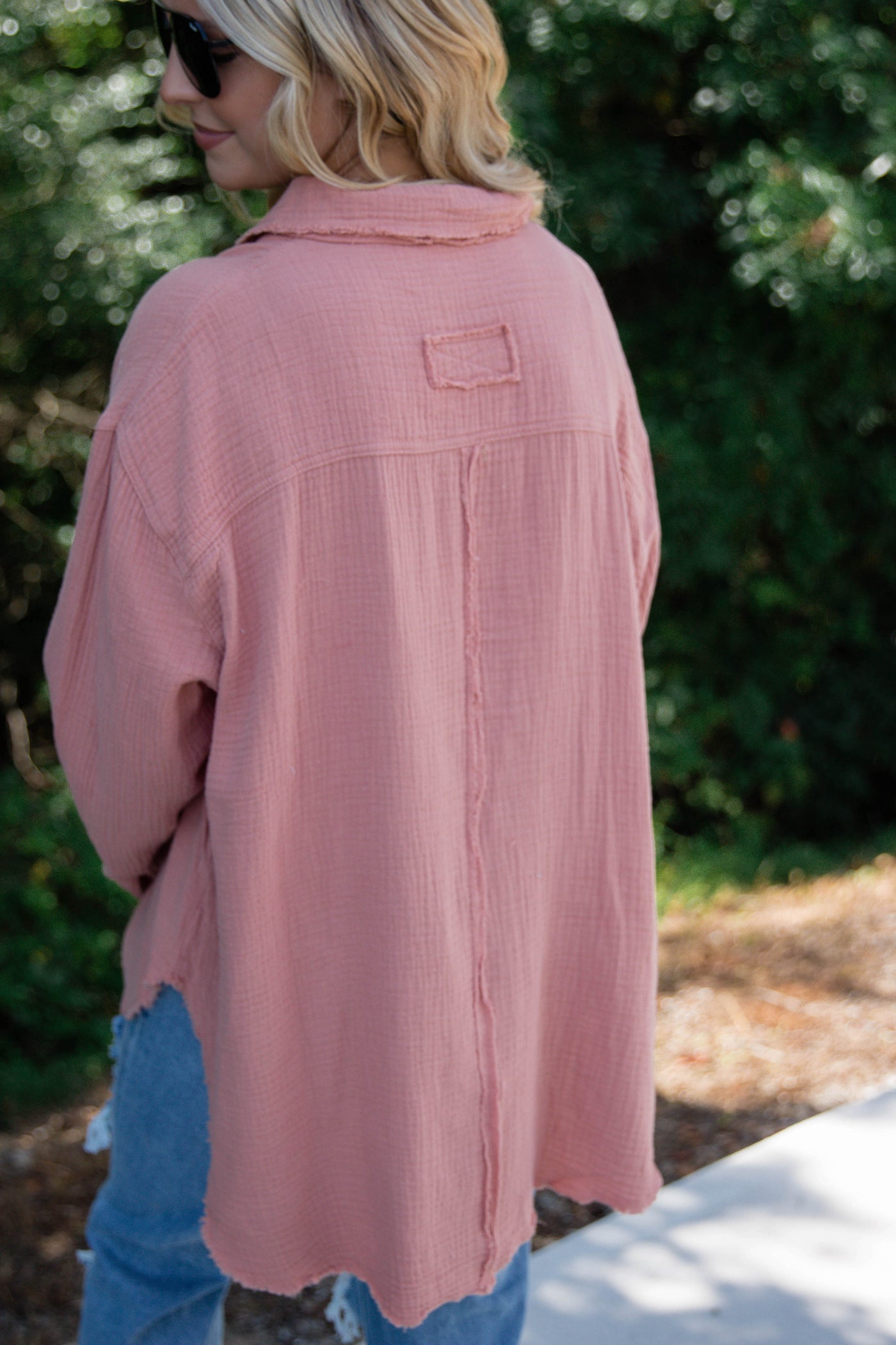Women's Salmon Button Down- Cotton Button Down Top- Casual Top With Pockets