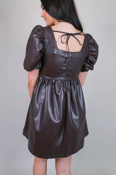 Brown Faux Leather Dress- Babydoll Leather Dress- Puff Sleeve Women's Dress