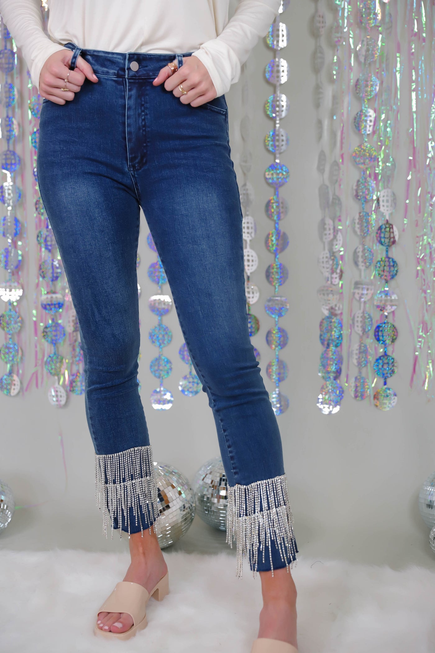 Darkwash Denim With Rhinestone Fringe- Rhinestone Fringe Jeans- Skinny Jeans with Rhinestones