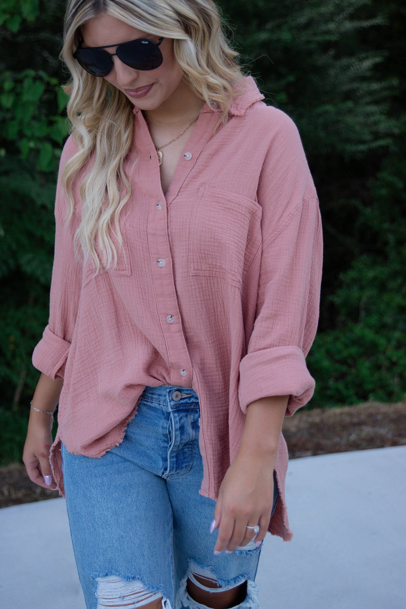 Women's Salmon Button Down- Cotton Button Down Top- Casual Top With Pockets