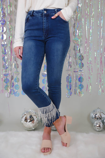 Darkwash Denim With Rhinestone Fringe- Rhinestone Fringe Jeans- Skinny Jeans with Rhinestones