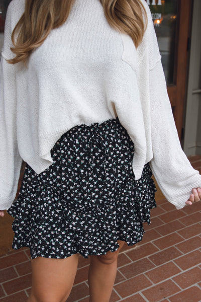 Black Ruffle Skirt- Floral Print Skirt- Elastic Waistband Skirt- $38
