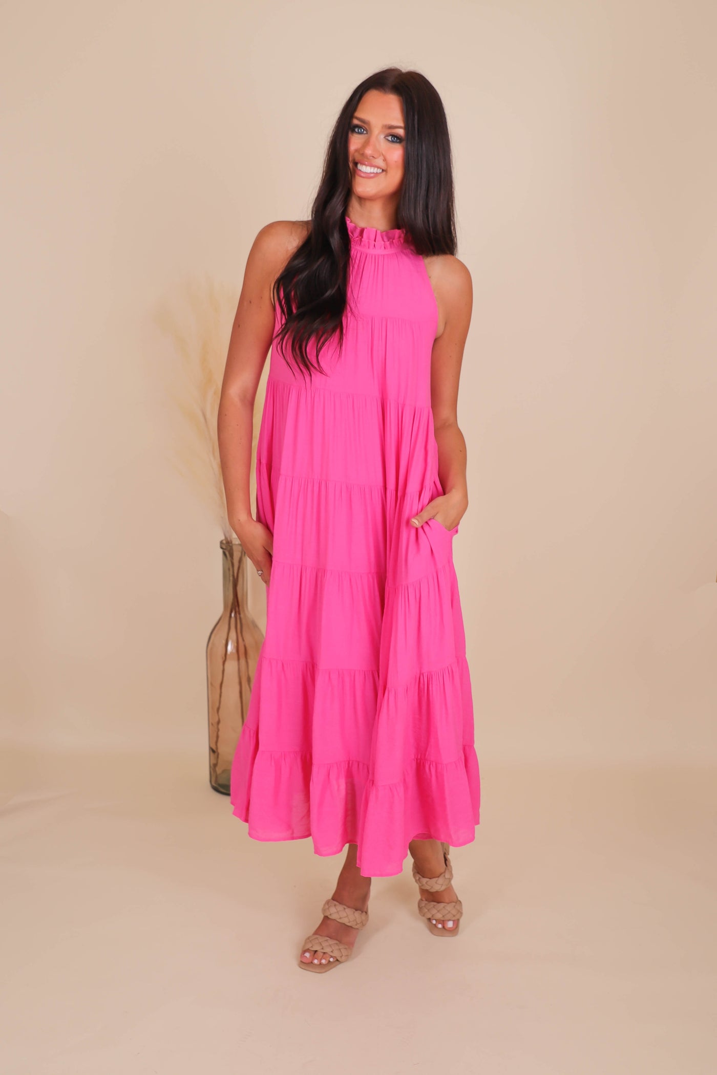 Setting Sail Maxi Dress-Chic High Neck Maxi Dress- Pink Tiered Maxi- Entro Maxi