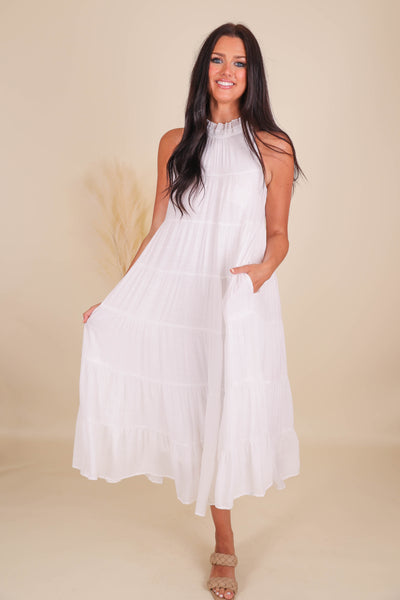 Setting Sail Maxi Dress-Chic High Neck Maxi Dress- White Tiered Maxi- Entro Maxi