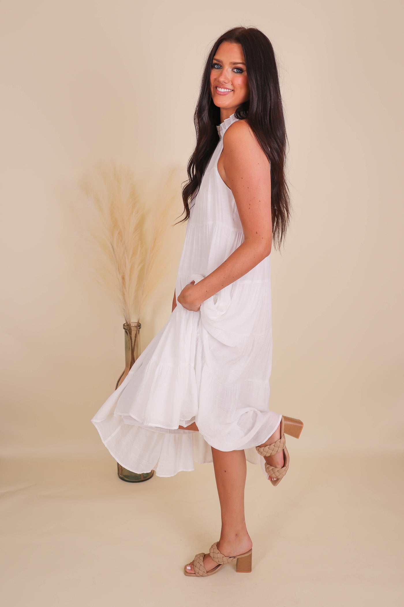 Setting Sail Maxi Dress-Chic High Neck Maxi Dress- White Tiered Maxi- Entro Maxi