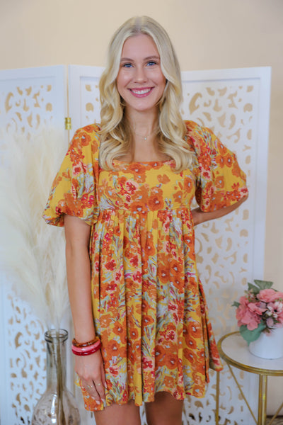 Women's Floral Print Dress- Bubble Sleeve Dress- In the Beginning Dress