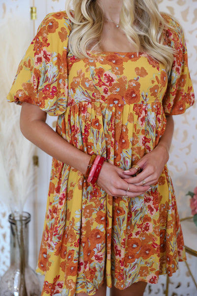 Women's Floral Print Dress- Bubble Sleeve Dress- In the Beginning Dress