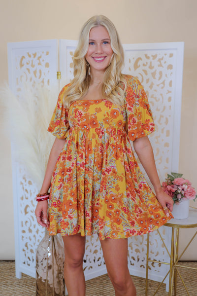 Women's Floral Print Dress- Bubble Sleeve Dress- In the Beginning Dress