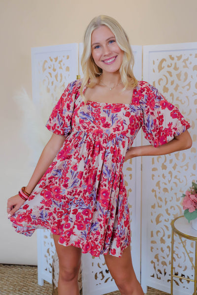 Women's Floral Print Dress- Bubble Sleeve Dress- In the Beginning Dress