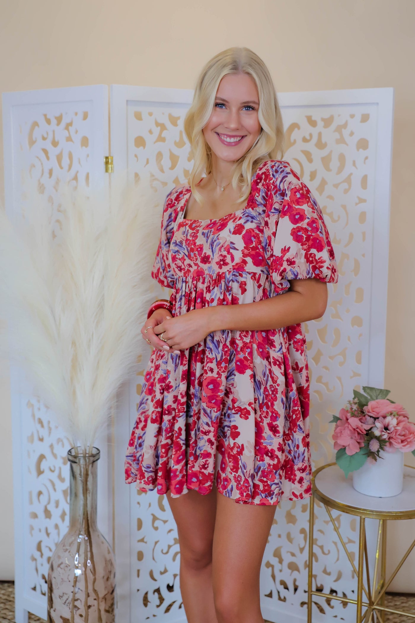 Women's Floral Print Dress- Bubble Sleeve Dress- In the Beginning Dress