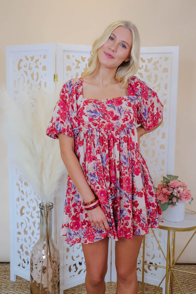 Women's Floral Print Dress- Bubble Sleeve Dress- In the Beginning Dress