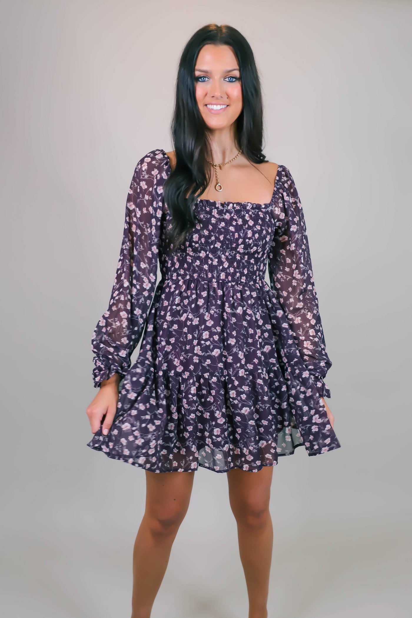 Purple Floral Print Dress- Women's Dress with Elastic Waist- Cute and Comfortable Women's Dresses