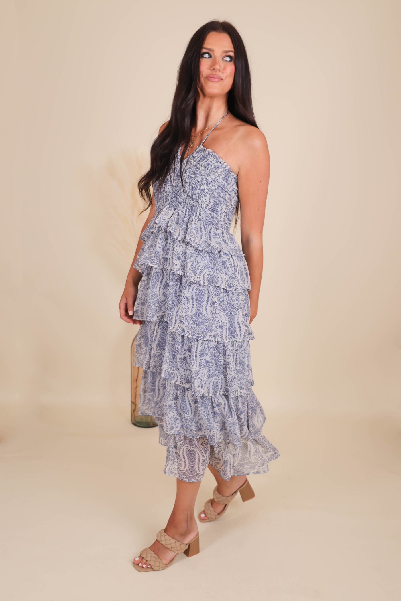 Blue Paisley Midi Dress- Women's Halter Dress- Blue Printed Midi Dress