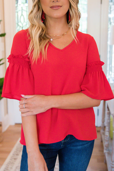 Red V-Neck Blouse- Women's Workwear Top- Simple Red Blouse- Women's Top With Sleeves